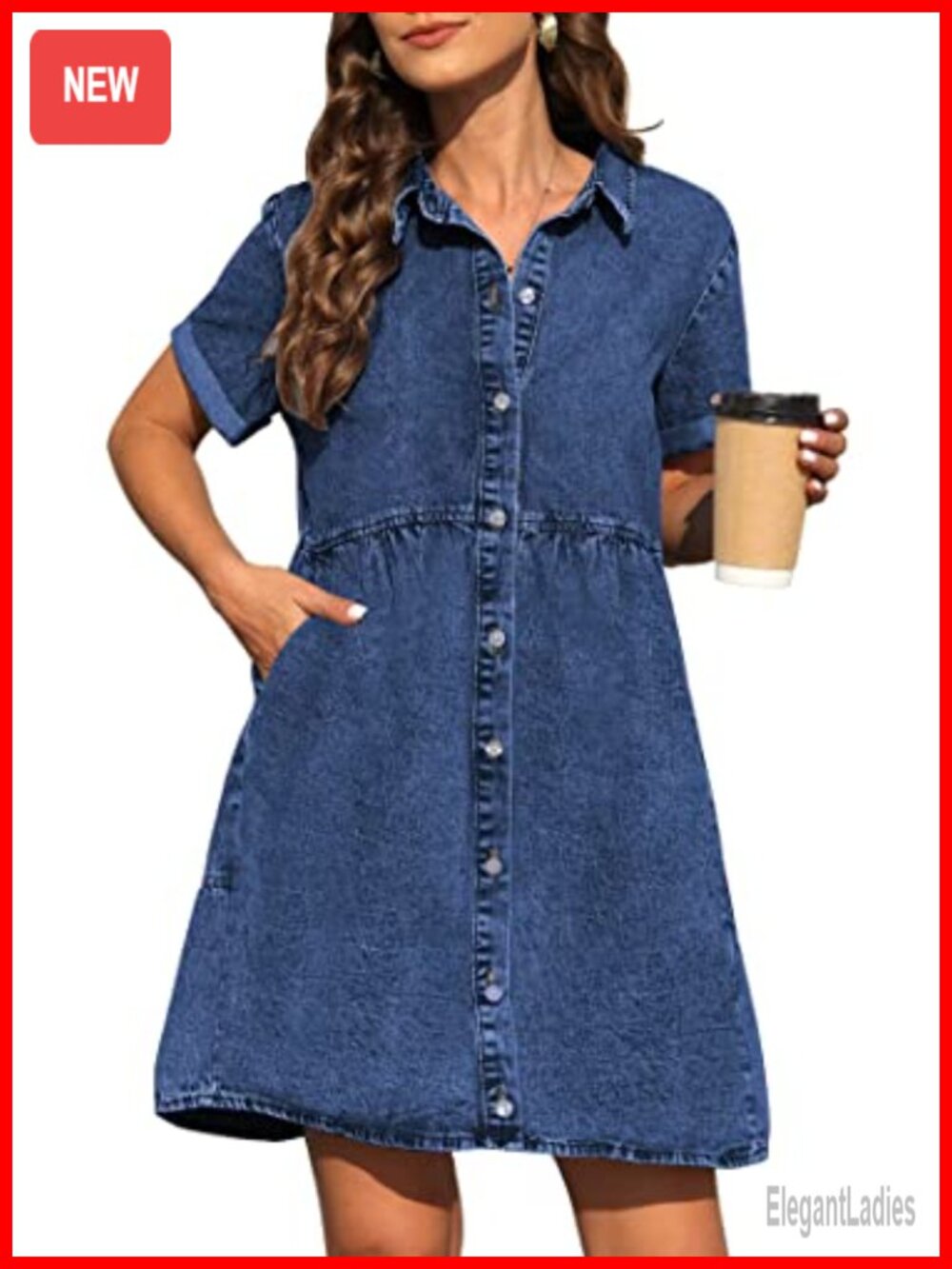 A-Line Short Sleeve Denim Dress with Pockets Button Down Jean Dress